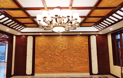安康中式别墅客厅中式木作横梁吊顶装饰展示